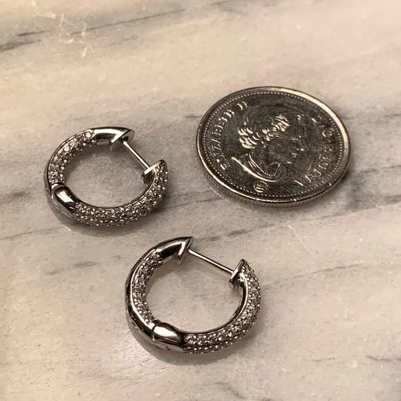 Sterling Silver Huggie Earrings With CZ Stones. Small Hoops - Picture 2 of 6